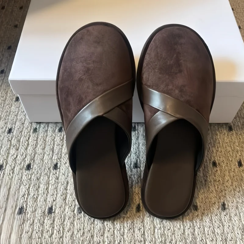 خياطة الأحذية للسيدات جولة تو كعب مسطح النعال الإناث الصلبة خطوط الخياطة المرأة البغال الجلد المدبوغ Zapatos Mujer المخملية فام