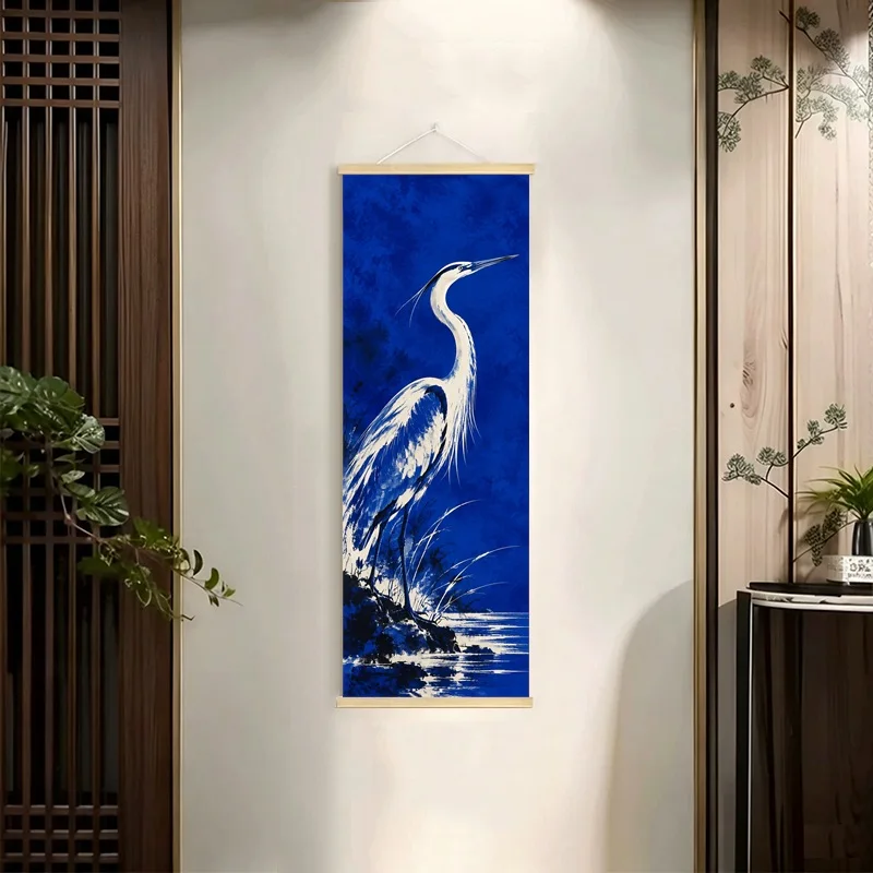 Birds Seahorse and Curling Wave Hanging Scroll with Dramatic White Illustrations on a Royal Blue Ground for a Living Room