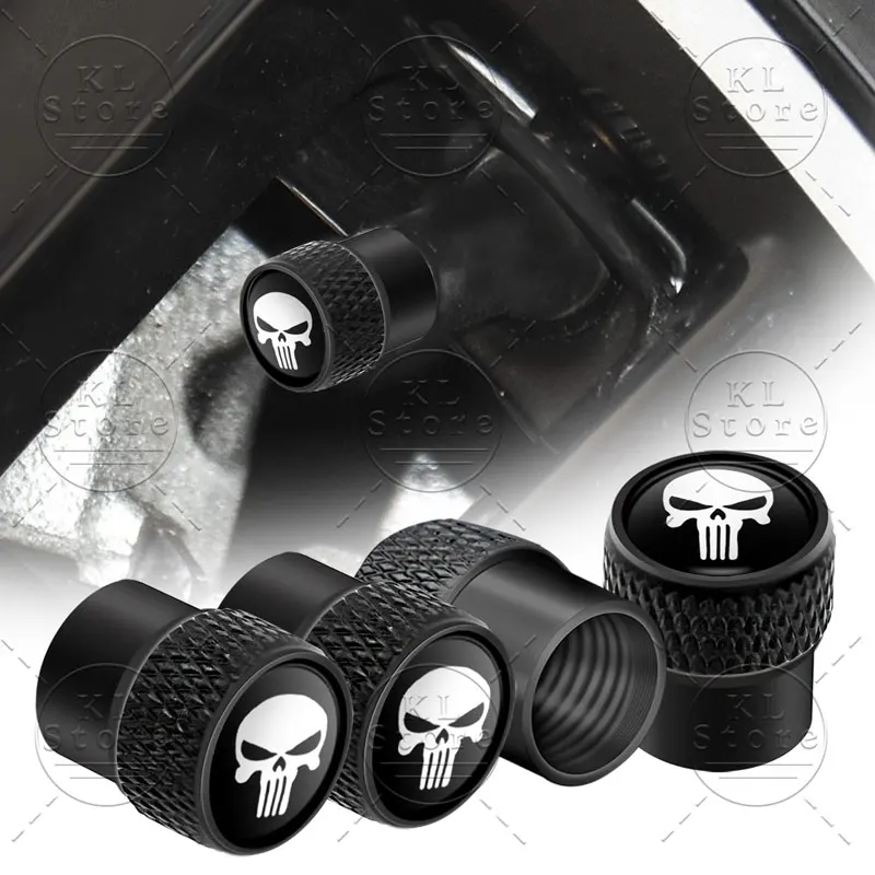 Car Decor Skull Emblem Car Wheel Tire Valve Caps Tyre Stem Covers Airdust Waterproof For Motorcycle Bike Automobiles 4Pcs