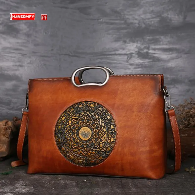 

Genuine Leather Women Bags Large Capacity Handbags Female Shoulder Bag Embossed Hand-painted Totem Messenger Bag