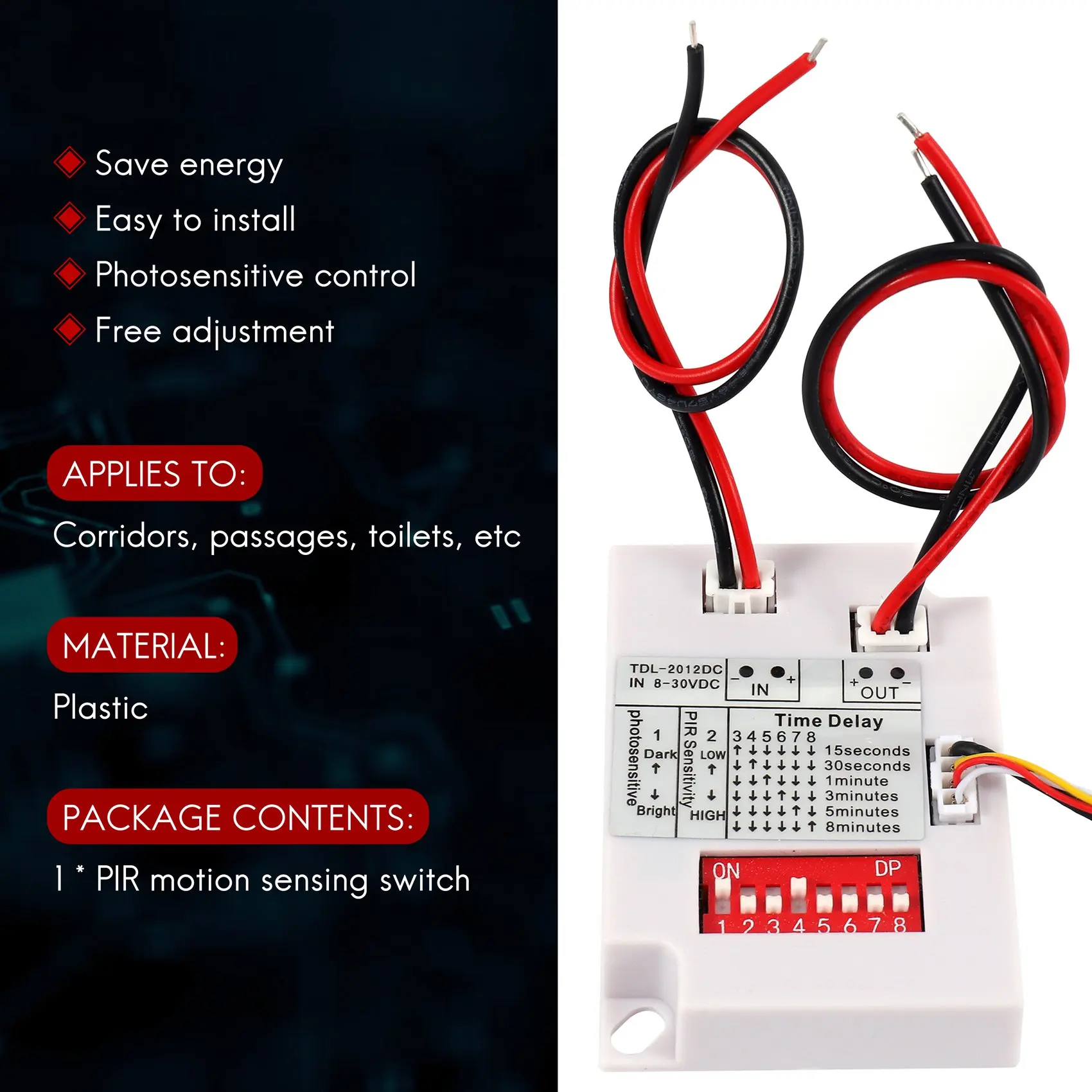 Interruptor de Sensor de movimiento PIR de 12V y 24V, relé de retardo de tiempo de inducción humana infrarroja IR, interruptor de luz LED para pasillo