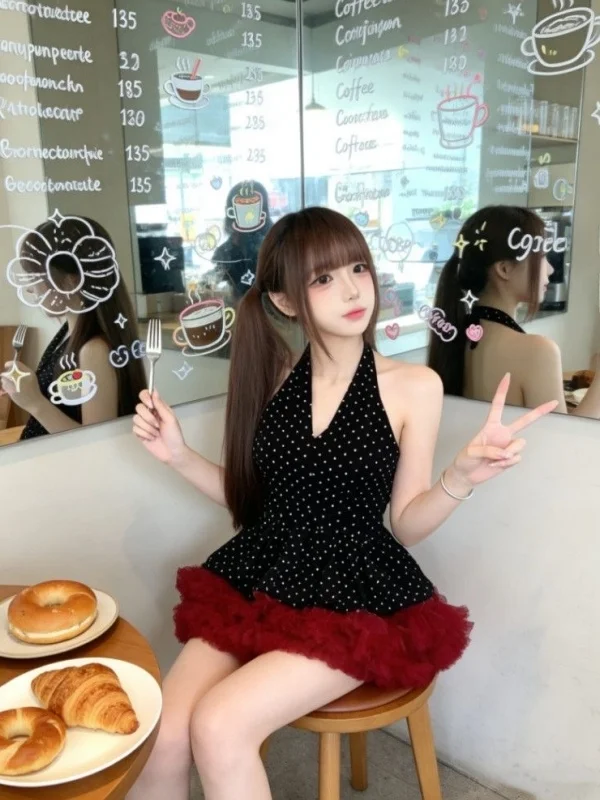 

Summer Fashionable Polka Dot Halter Neck Puffy Short Skirt Two Piece Set Women's Regular Sleeveless V-Neck Spring Season