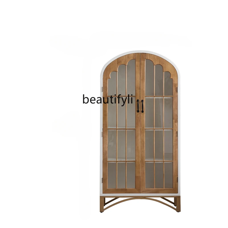 

AmericanStyle Solid Wood Double-Door Bookcases Floor Arch Glass Door Home Living Room Wall Clothes Closet French Display Cabinet