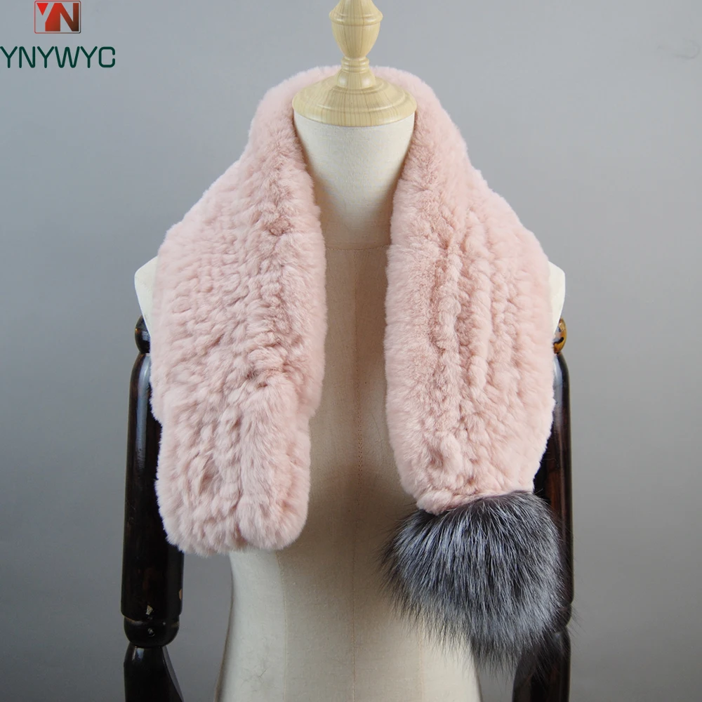 Inverno feminino artesanal 100% natural rex coelho pele cachecol silenciadores de pele genuína com pompons de pele de raposa malha pele real senhora cachecóis