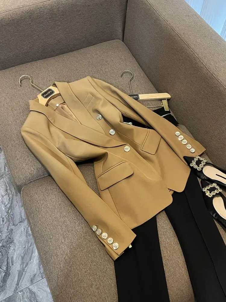 

High Quali Women's Classic Collar Suit Jaet Spring 2026 Commute Sle Slim Fit Long Sve Double Button Pure Color