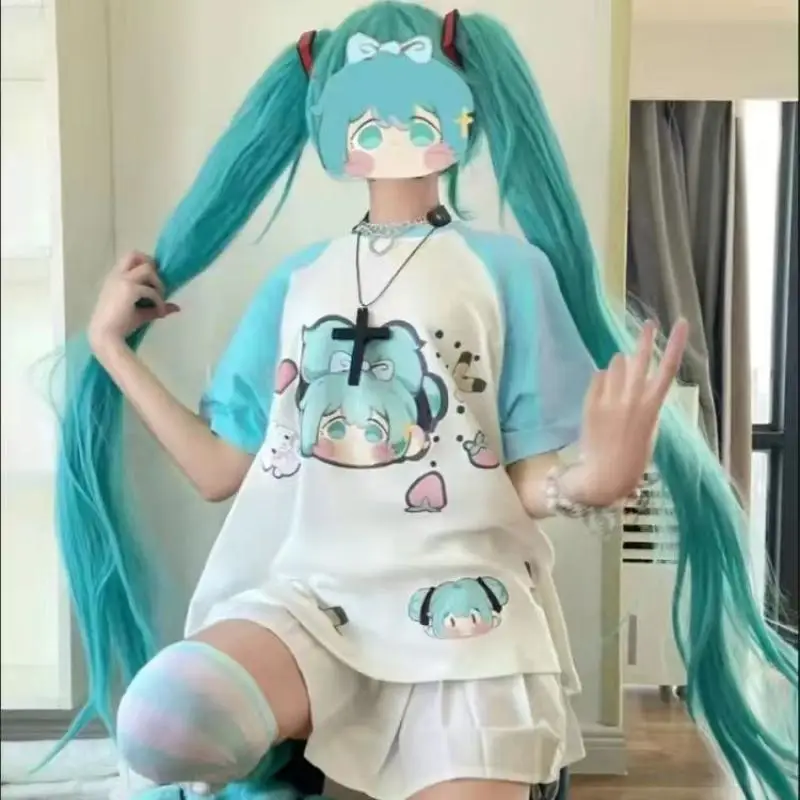 Hatsune Miku Two-Way Cosplay Cotton Short-Sleeved T-Shirt Kawaii Cartoon Anime Figure Model Toys for Girls Birthday Toys Hobbies