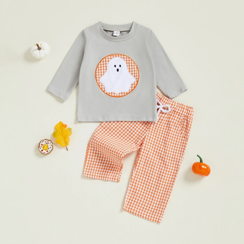 

2025 Autumn New Children's Halloween Atmosphere Long Sleeve T-shirt and Checkered Pants Two Piece Set