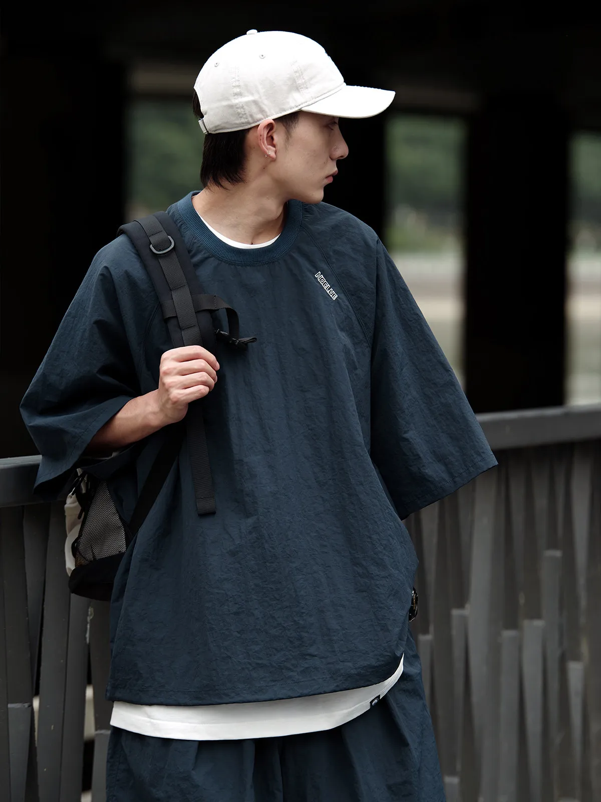 Japanese-style Loose-fit Water-resistant Short-sleeve Tees Men's Thin Double-needle Utility