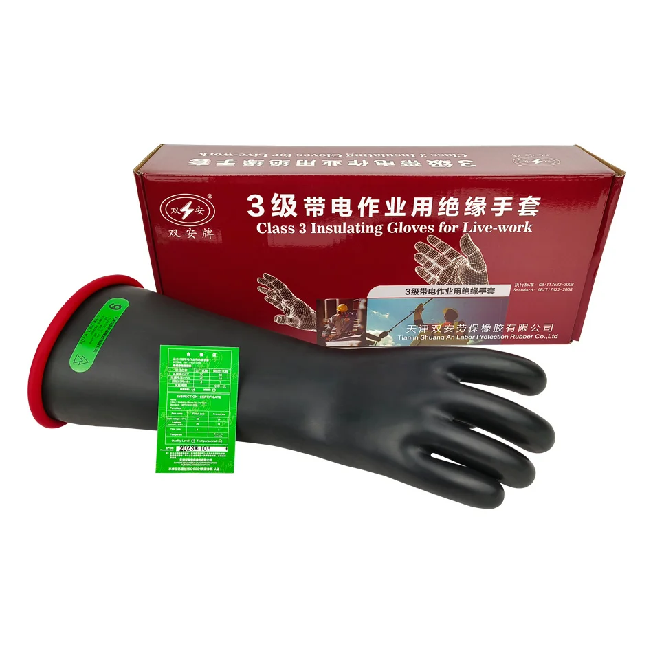 Guanti isolanti elettrici in lattice nero grado 202503 Lunghezza 410 mm Tensione di prova 30KV Tensione di lavoro 20kV Funzione antiscivolo