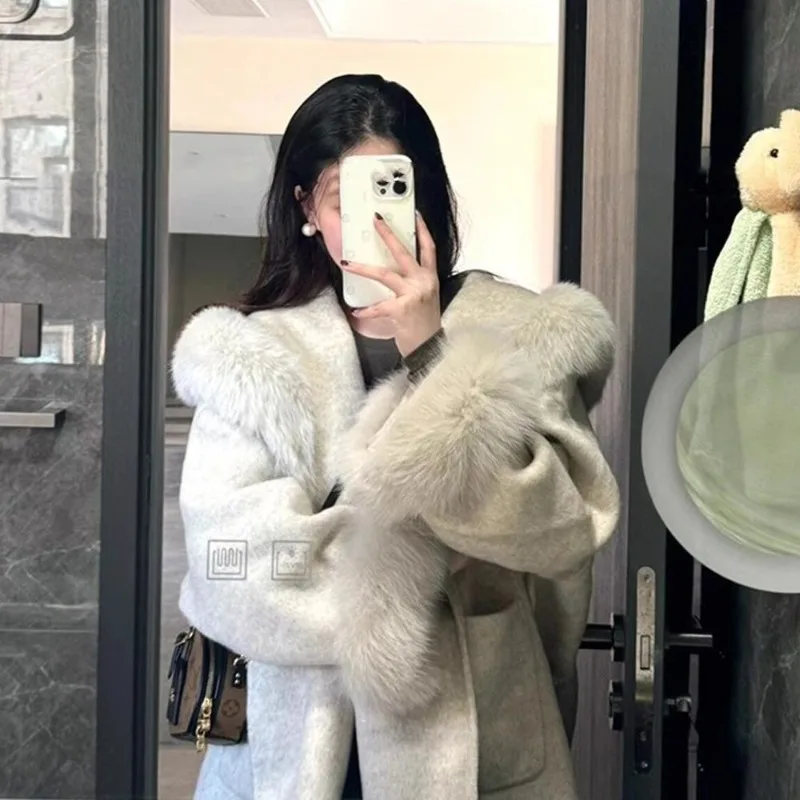 冬の韓国ファッション Y2k シックな女性のコート暖かい厚みのあるグレーの毛皮の襟ポケット付きウインドブレーカートレンチコート女性服