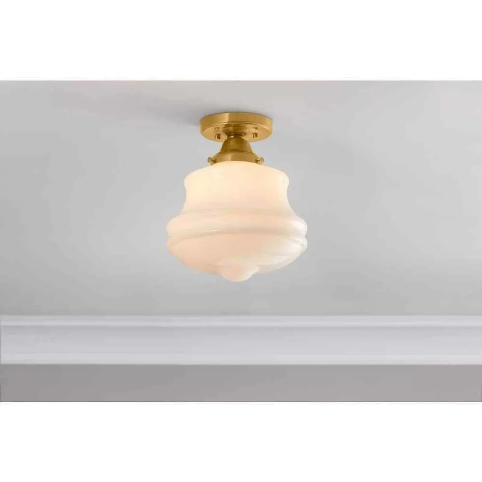 US Schoolhouse 10 in. Aged Brass Semi Flush Mount Light Opal Glass