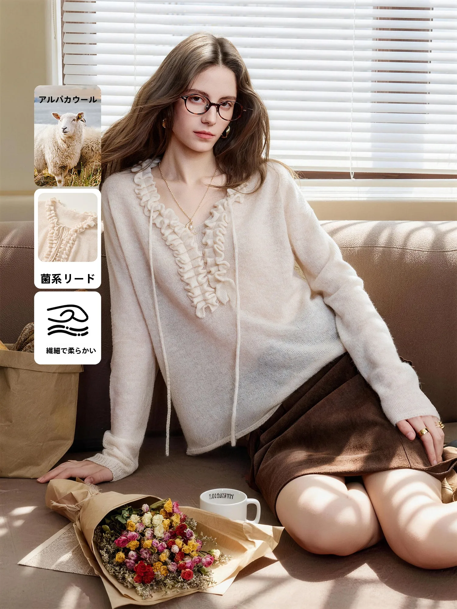 

Французский вязаный свитер из шерсти альпака для женщин, весенний, модный, с буквенным принтом, с завязками, длинными рукавами, V-образным вырезом, стандартный крой