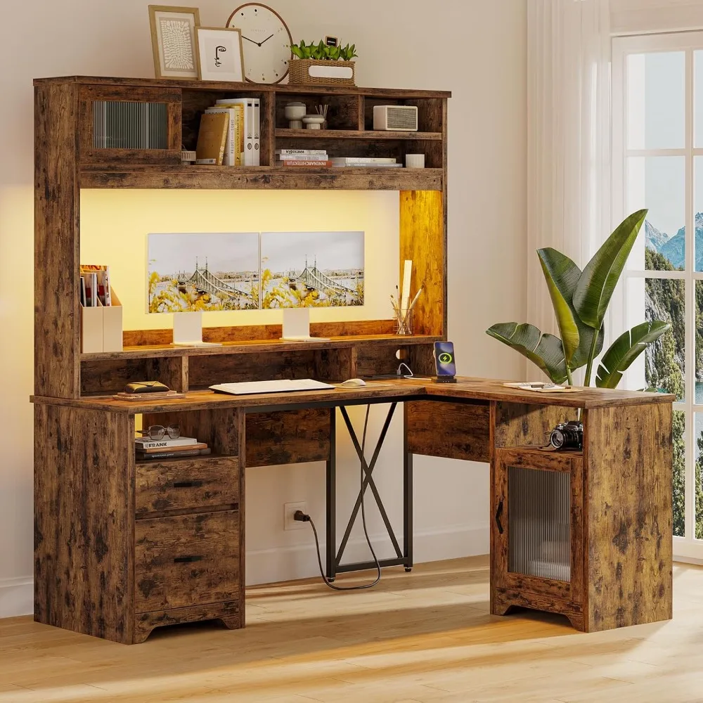

"63-inch L-Shaped Farmhouse Desk with Hutch, Wooden Computer Desk featuring Drawers, Charging Station, LED Lighting, and Fluted