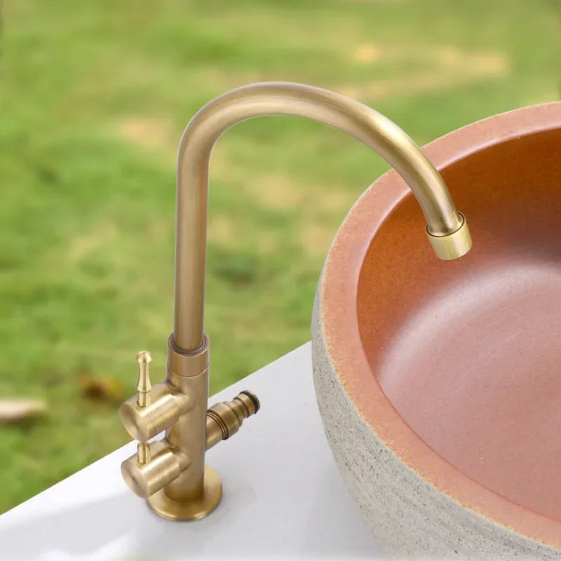 صنبور بارد فردي عتيق من النحاس بالكامل للفناء الخارجي، مضاد للتجمد، حوض غسيل عتيق، حوض غسيل، صنبور ثنائي الغرض