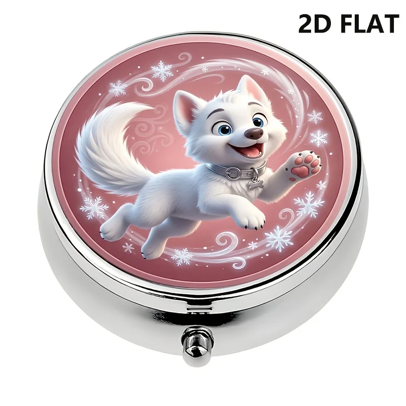 Flat, 1-piece organizer box, winter snow wolf dog themed decorative organizer, metal vitamin box, portable medicine wallet, unique compact storage box for travel and daily use