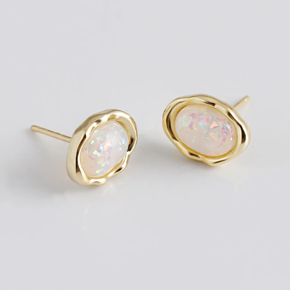 CCFJOYAS 925 Sterling Silver Oval Colorful Opal Stud Earrings for Women 18k Gold Plated European and American Fashion Jewelry