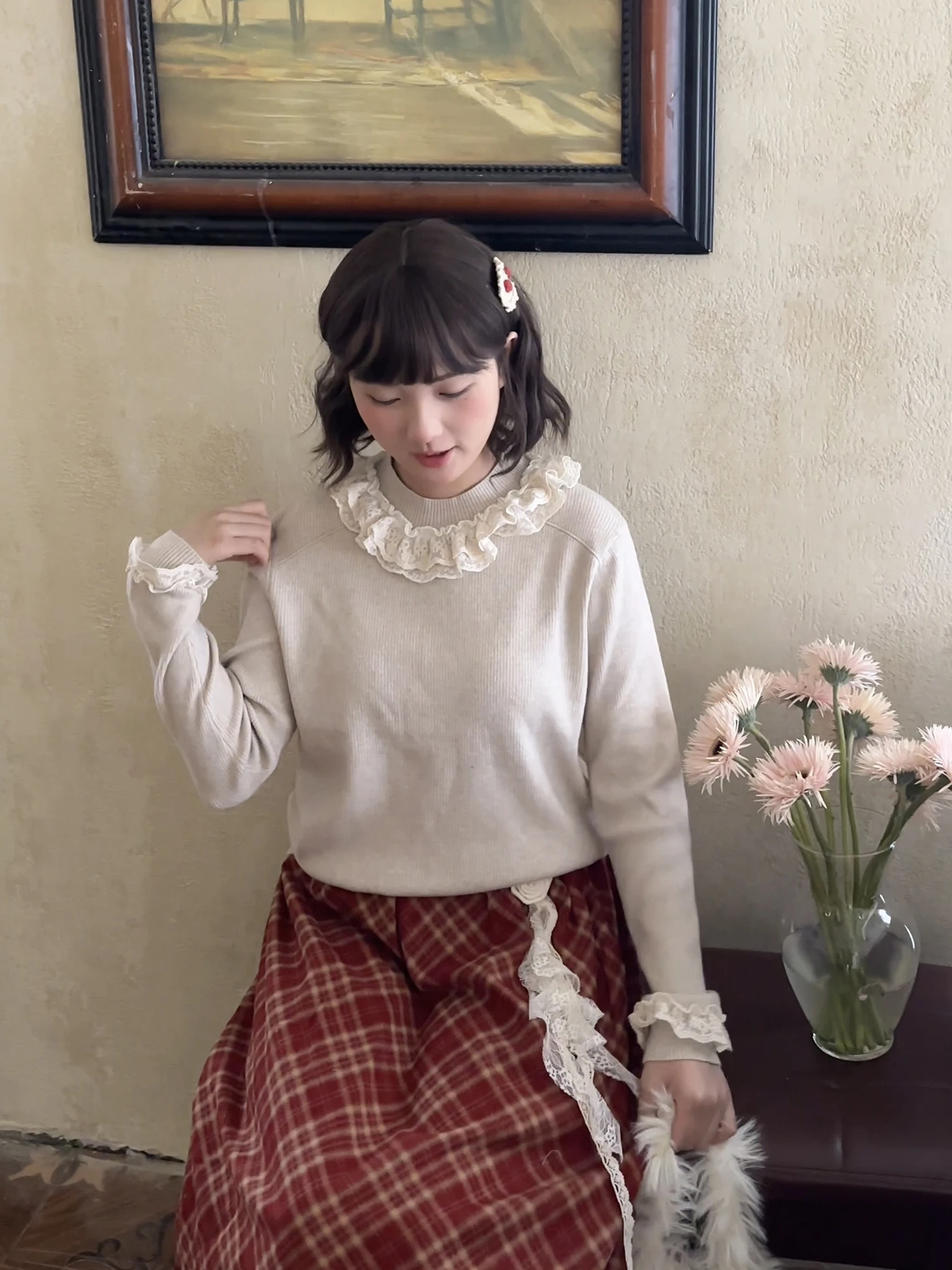 

Menswear Sle High Collar Lace Trim Sweater Women's Overhead Knitted irt Autumn Winter Base Layer Forest System Sweet