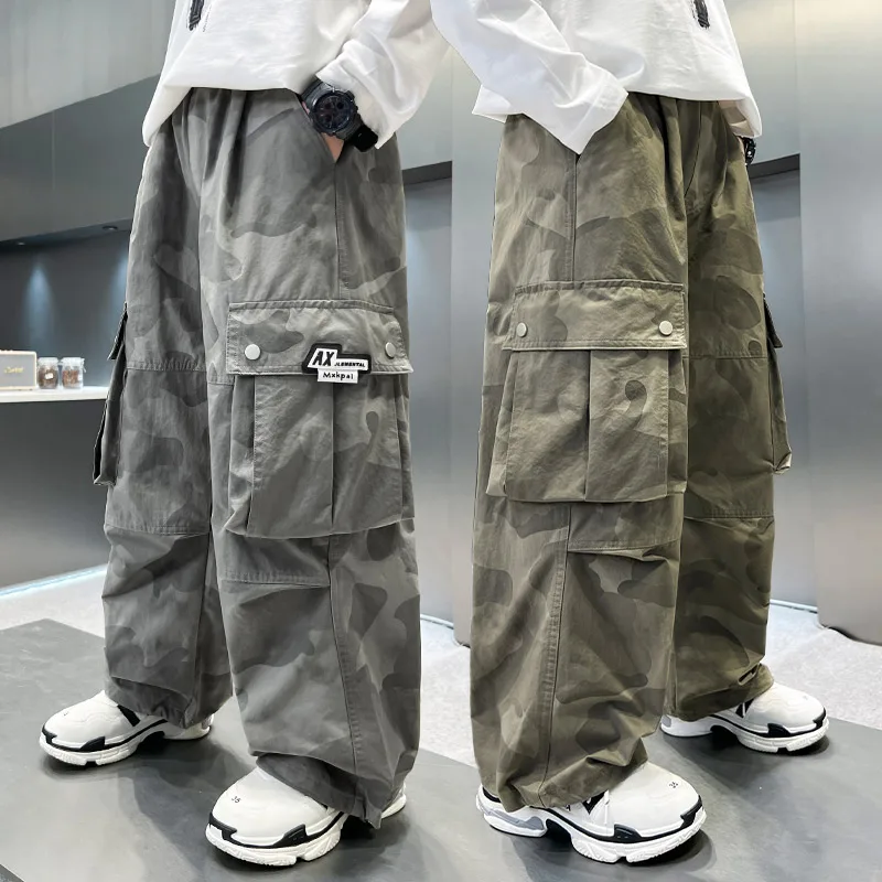 

2025 New Autumn Kids Loose Straight Camouflage Cargo Pants for Teenage Boys Casual Camo Trousers with Big Pocket Children 5-14Y