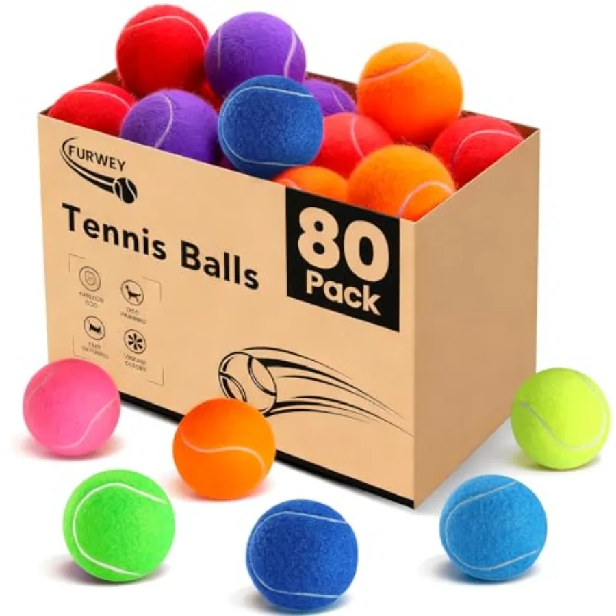 

Теннисные мячи для собак, 80 штук, 2,5 дюйма, прочные и нетоксичные, с сетчатым мешком, разноцветные игрушки для собак, мячи для игр с питомцами.