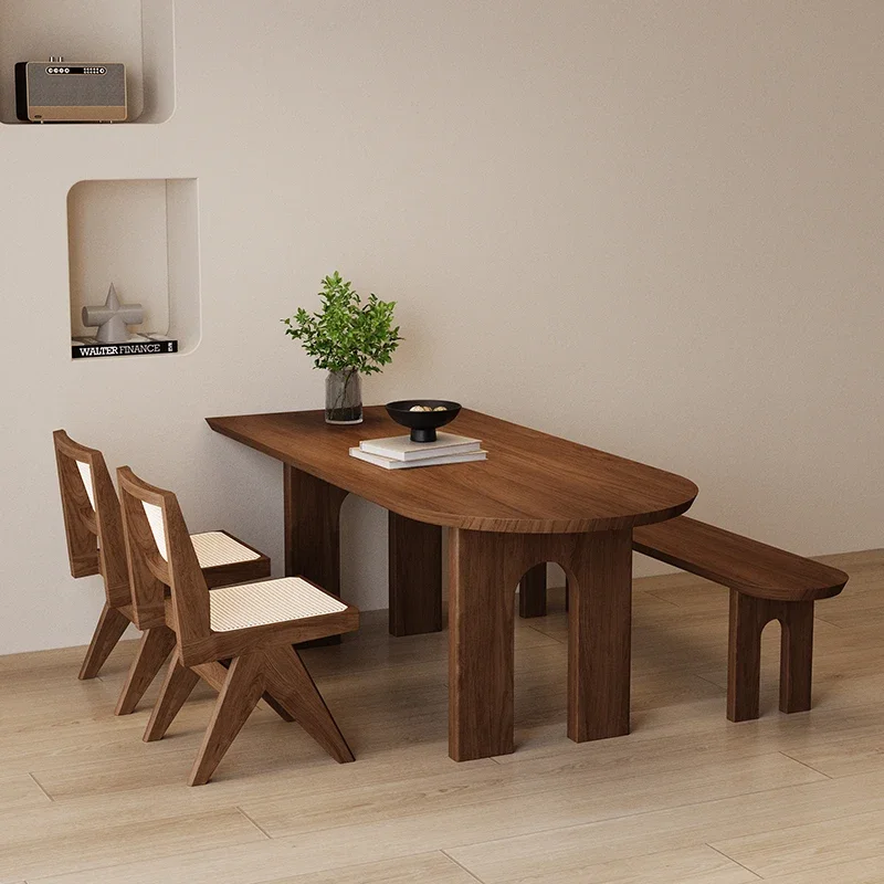 طاولة طعام على شكل جزيرة من الخشب الصلب في العصور الوسطى مقابل الحائط، طاولة شقة صغيرة منزلية وكرسي، مجموعة مستطيلة #4