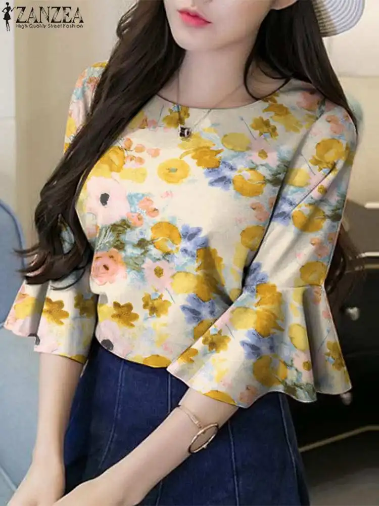 ZANZEA Summer Women Cotton Blouse 2024 Elegant Ruffle Flare 3/4 Sleeve Shirt Vintage Fashion Printing Tunic Casual Loose Blusas