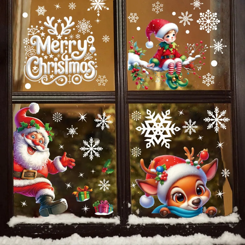 Christmas Decorative Glass Window Stickers Santa Claus Snowman Elk Scene Layout Electrostatic Wall Sticker Xmas Ornaments
