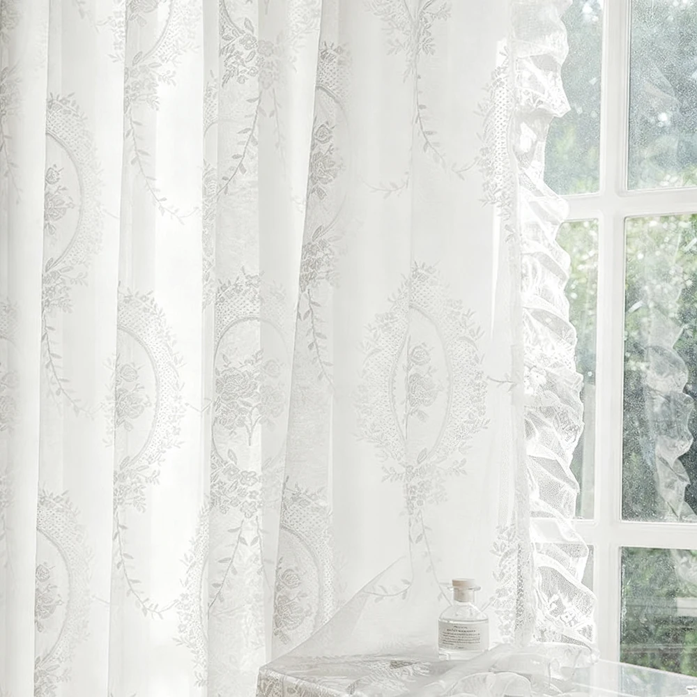 French Vintage Ruffled Lace Embroidered Curtain Sheer, Bedroom Balcony Living Room Drapes, Light-Filtering Privacy Protection