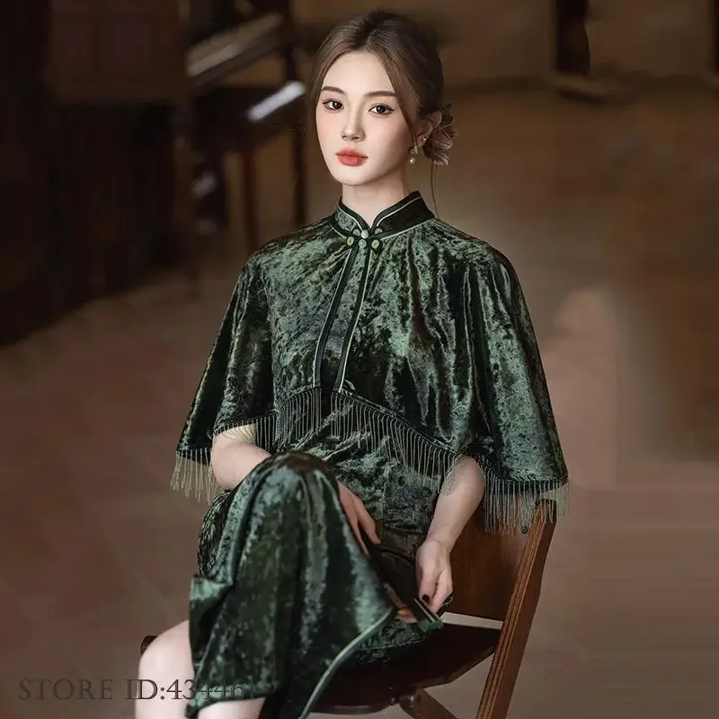 الكلاسيكية الأنيقة التقليدية شيونغسام الخريف الشتاء القطيفة طويلة تشيباو شال مجموعة فستان الحفلات المسائية مثير سبليت فساتين الصينية