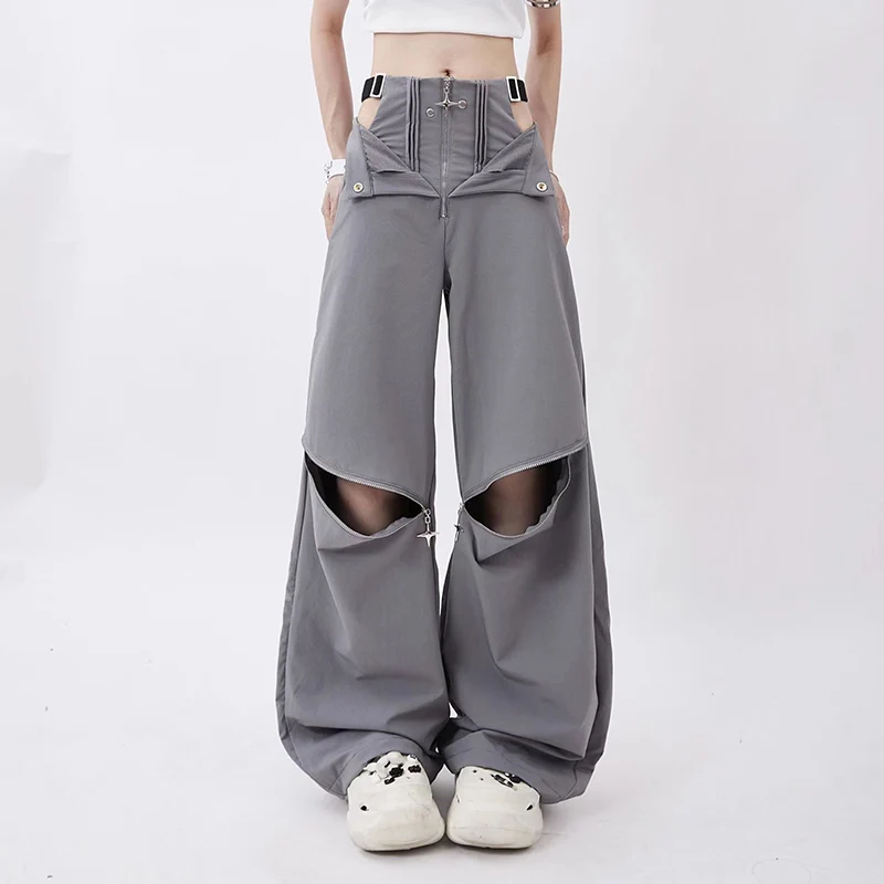 Y2K Fashion Zipper Cargo Pants Women Korean High Waist Streetwear Loose Hollow Out Wide Leg Pants Ins Tide All Match Trousers