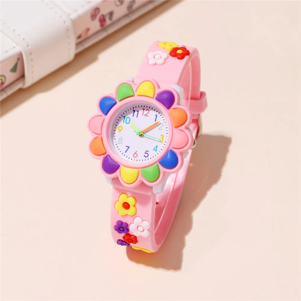 Cute Sweet Colored Flower Cartoon Watch, Pink Silicone Tape Quartz Cartoon Schoolgirl Watches Kid's Quartz Wristwatches