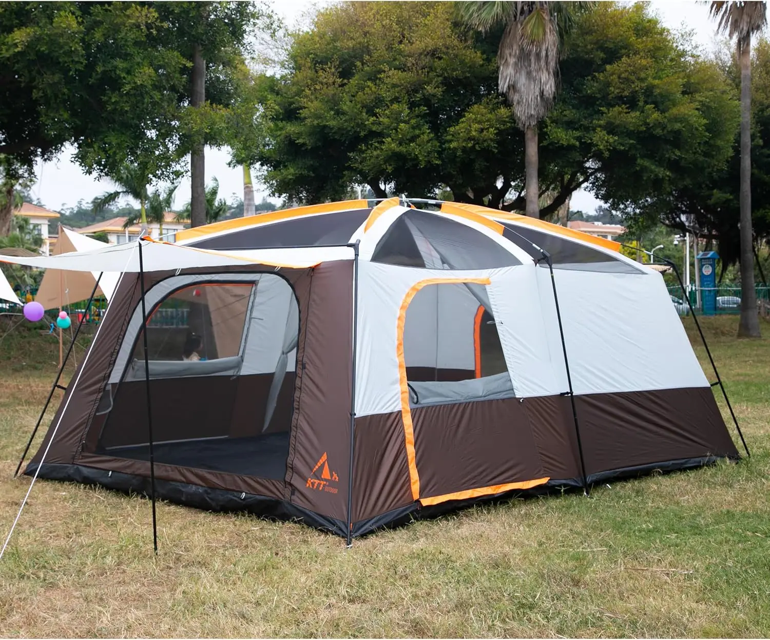 KTT Extra Large Tent 10-12-14 Person(Style-B),Family Cabin Tents,2 Rooms,3 Doors and 3 Windows with Mesh,Straight Wall,Waterproo