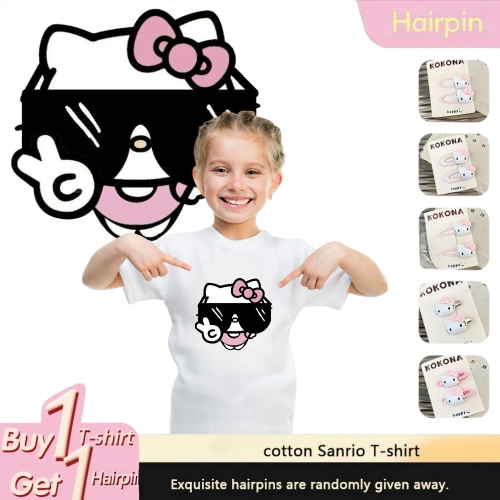 

Sanrio Printed Cotton T Shirt Girl's Hello Kitty Wearing Sunglasses Graphic Summer Autumn Comfortable Casual Soft Fabric Tee