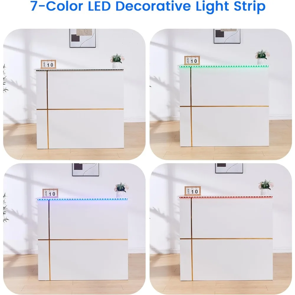 50 受付デスク – モダンなフロントデスク、鍵付き引き出し、キーボードトレイ、収納キャビネット、内蔵電源コンセント、LEDライト付き
