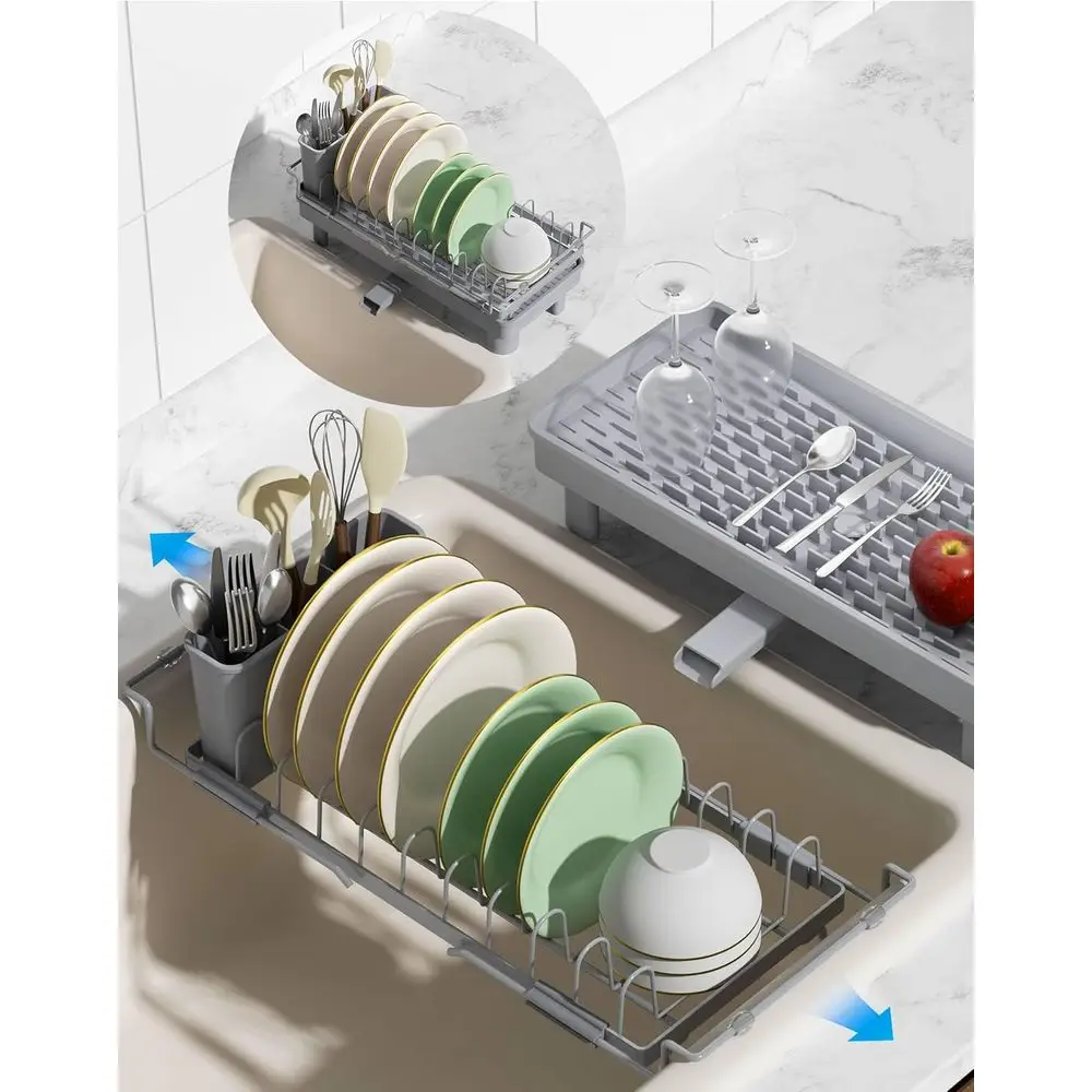 

2-in-1 Small Dish Drying Rack its 14''–21.8'' Sink, Dish Drainers or Kitchen Counter Extend Kitchen Sink Drain Basket with Utens