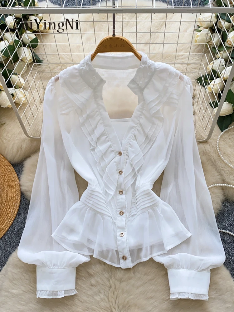 

Beiyingni Нежные темпераментные рубашки для женщин с оборками Элегантные французские белые блузки + топы на бретелях Комплект из 2 предметов осенние тонкие блузки 2025