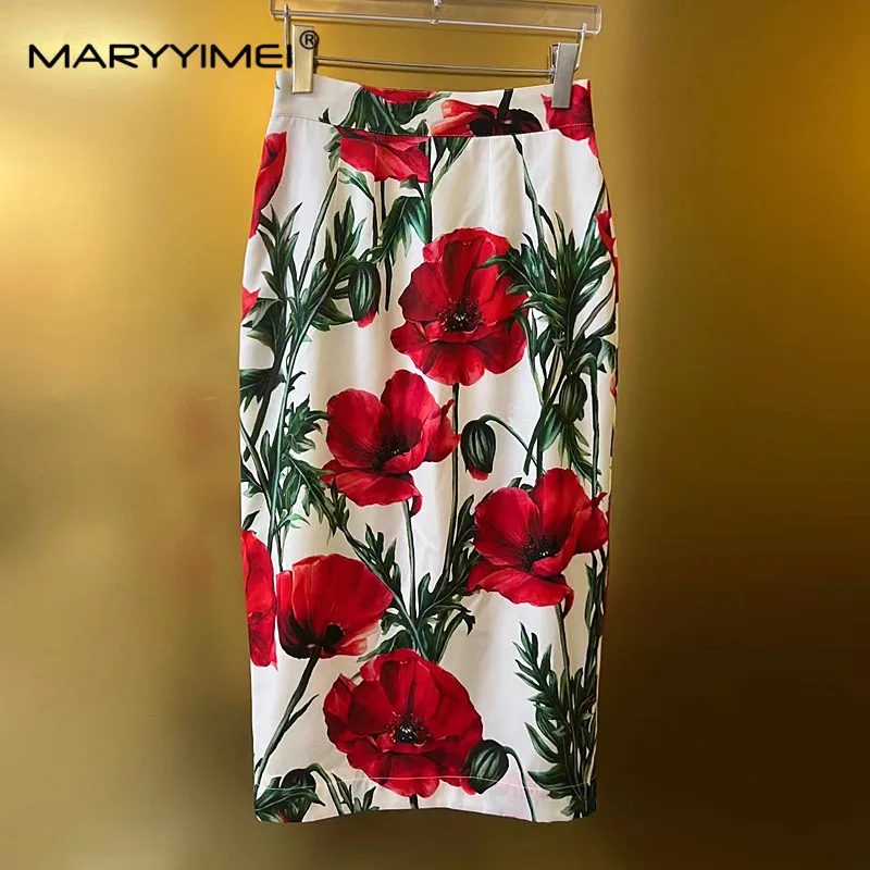 MARYYIMEI Fashion Designer Suit Summer Women\'s Spaghetti Strap Square Collar Carnation Print Top+Skirt 2 Pieces Set