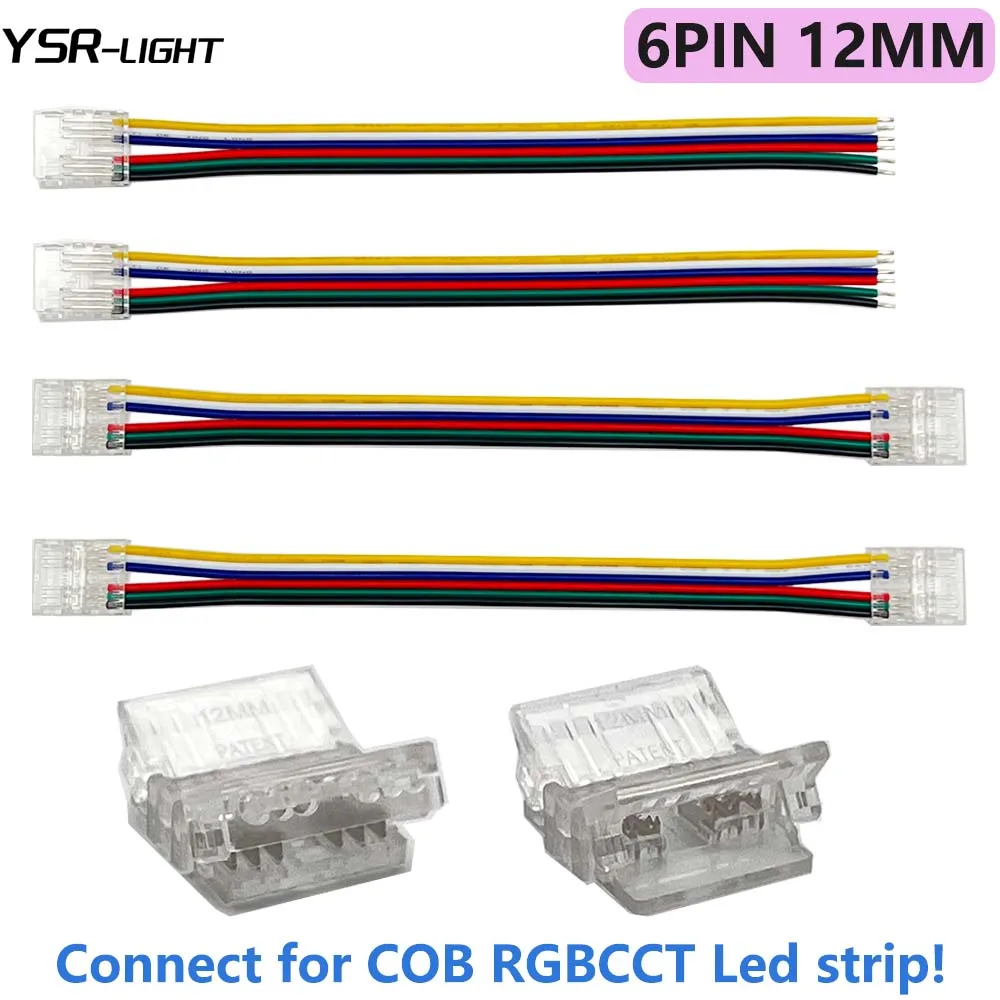 5PCS 6Pin COB RGBCCT 12MM LED Strip Connector Solderless Strip to Wire/Strip Transparent Mini Buckle Punctured Extented Cord