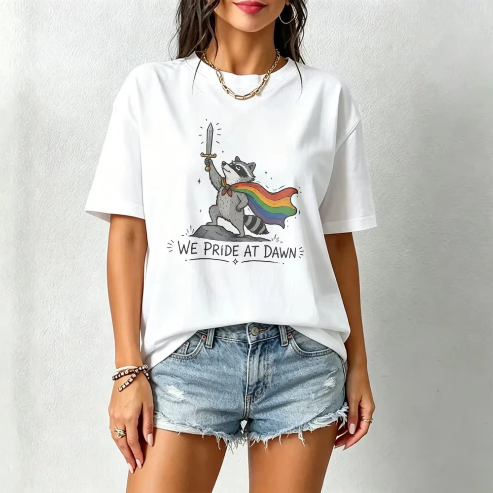 We Pride At Dawn Sword Rainbow Cape Raccoon Cotton Women T-shirt Cute Cartoon LGBTQ Graphic Short Sleeve Tops Pride Month Tees