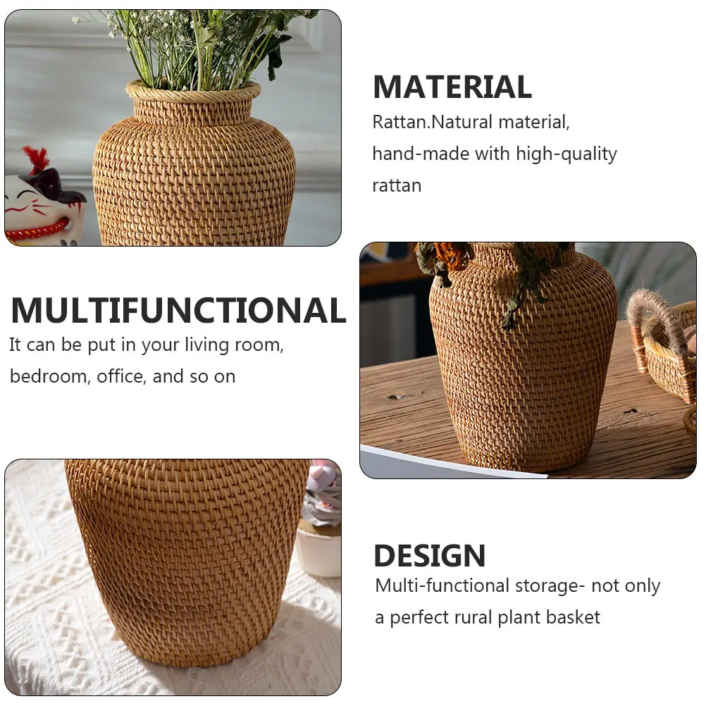 1pc Rattan Vase Woven Flowerpot Desktop Basket Dry Flower Container Natural Material Storage Solution House Decoration