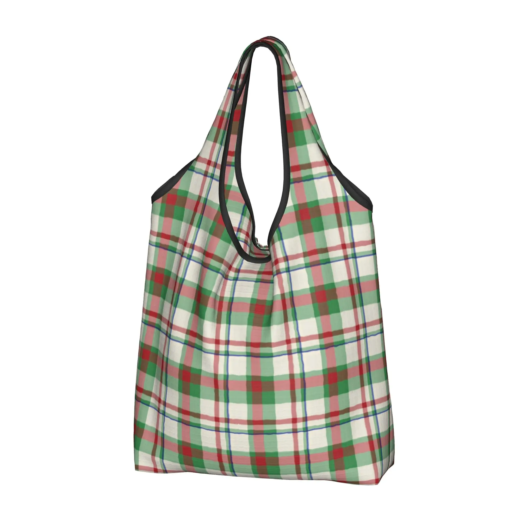 Classic Christmas Red And Green Plaid Grocery Tote Shopping Bag Women Kawaii  Shopper Shoulder Bag Big Capacity Handbag