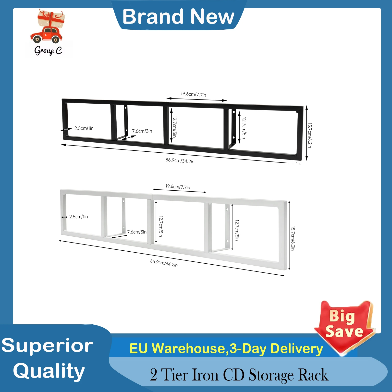 

2 Tier Iron CD Storage Rack Record Holder Shelf Large Capacity Organizer for CDs DVDs Books Home Decor Metal Display Stand