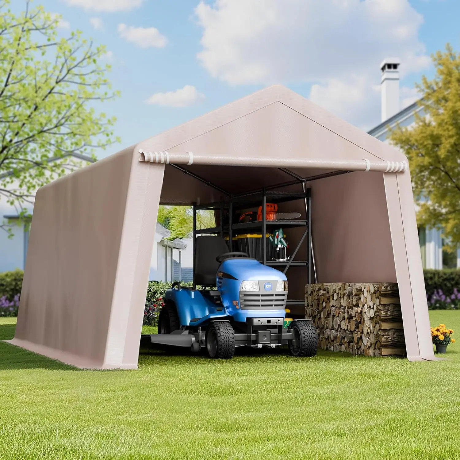 10x15ft Portable Modern Heavy Duty Peak Carport Anti UV Waterproof Fabric Solid Steel Frame Easy To Assemble Outdoors