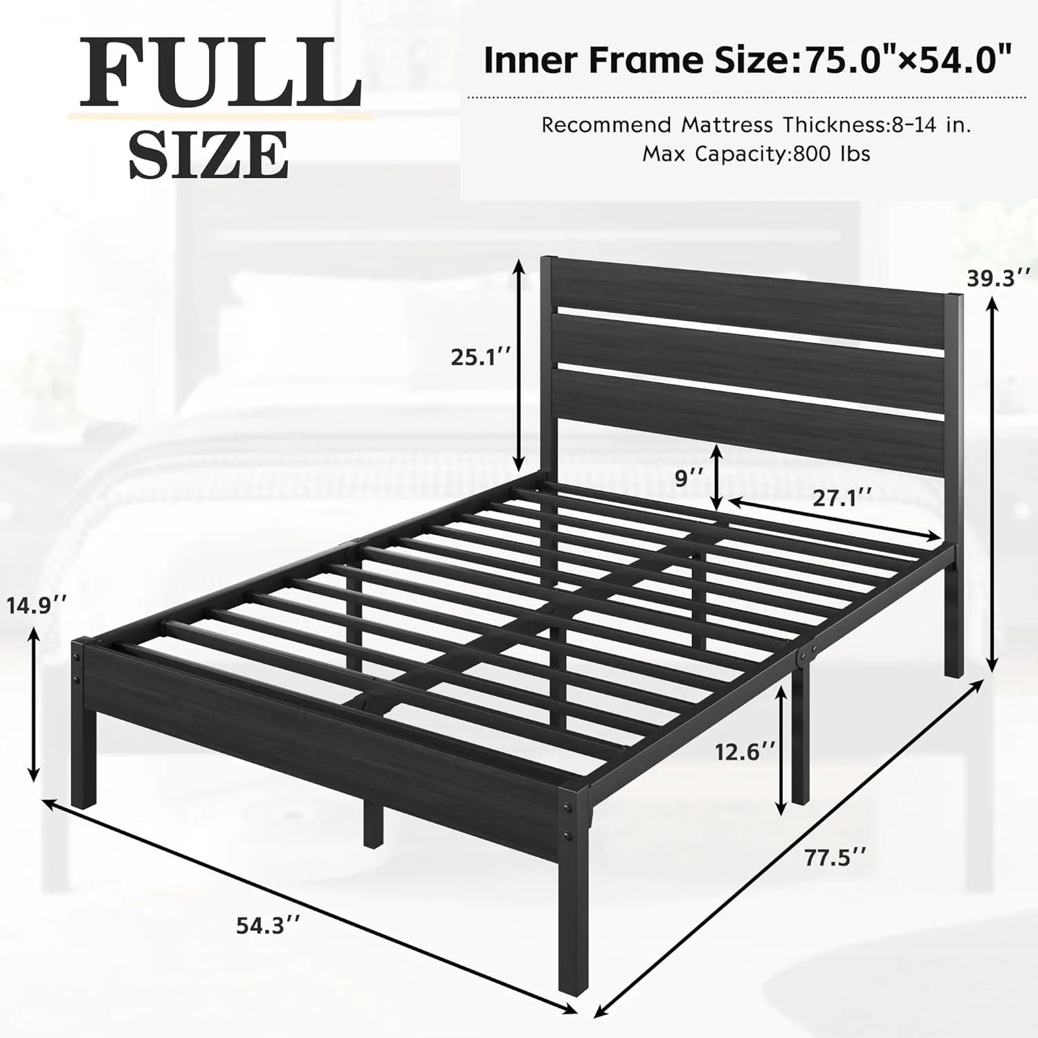 Full Bed Frame with Headboard and Footboard,Metal Bed Frame with Under-Bed Storage,All-Metal Support System,No Box Spring Needed