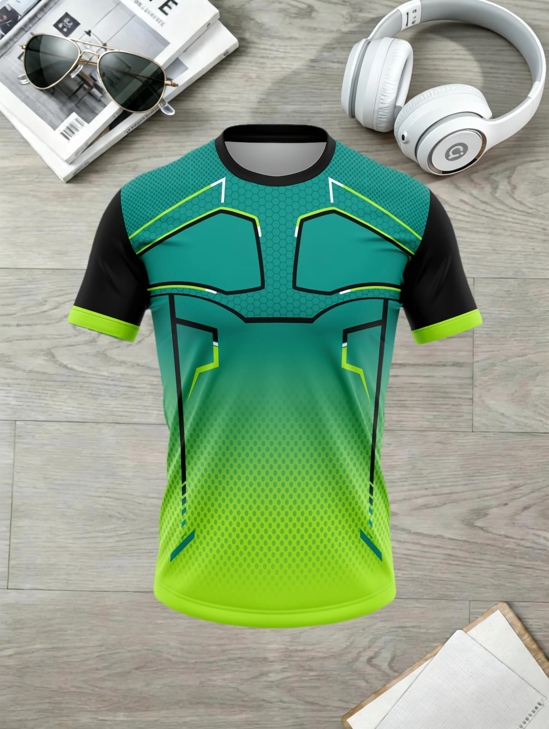 Men Quick Dry High Elastic Sport T Shirt Green Gradient Mesh Geometric Line Patchwork Sleeve Breathable Training Top