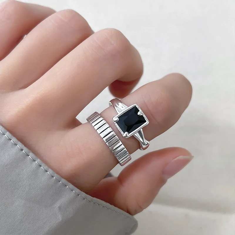 

925 Sterling Silver Rings For Women Vintage Handmade Adjustable Black Stone Ring Fashion Band Female Bijoux Gift