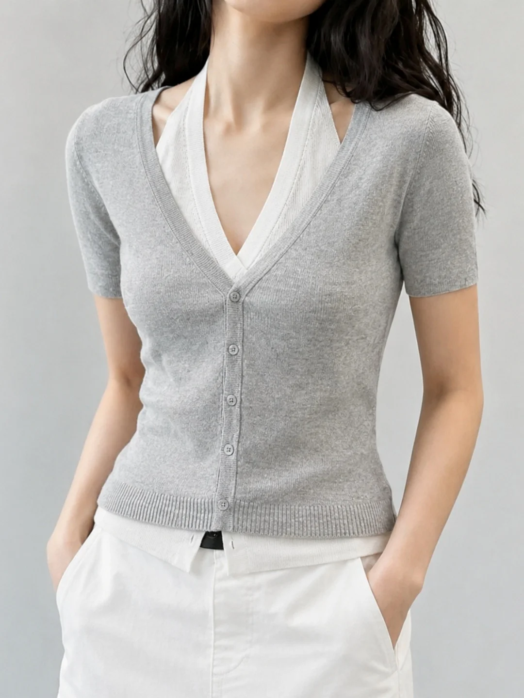 

Elegant Unique Neck Hanging Ice Silk Knitted Top Women's Slim Fit Versatile Summer Fashionable Shirt Korean Style Short Sleev...