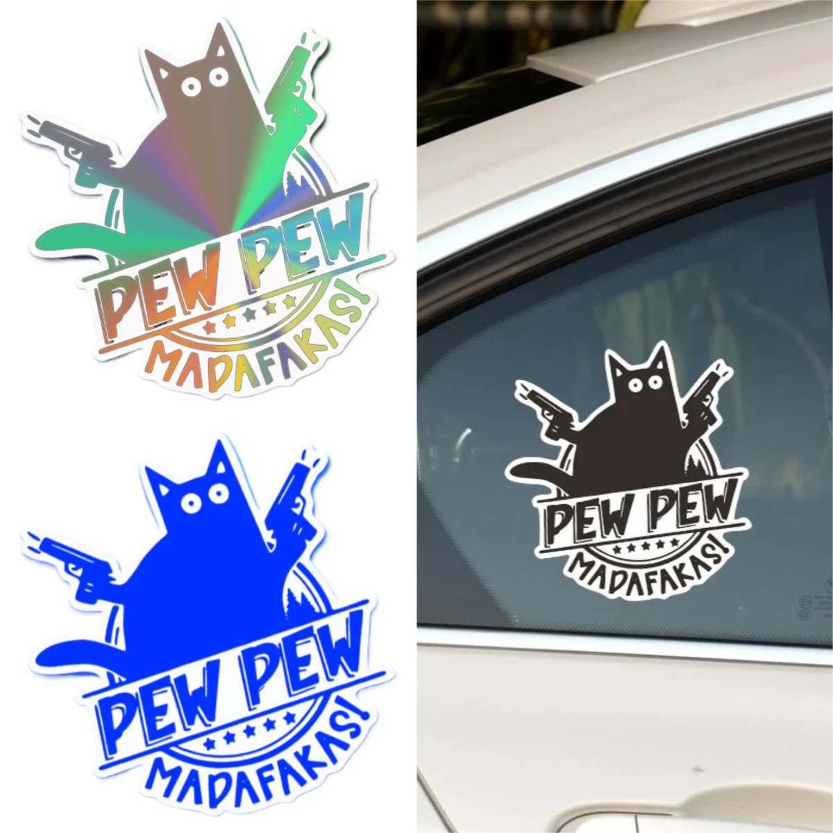

Pew Pew Madafakas" Sarcastic Cat with Guns PVC Sticker Perfect for Laptops Phones Cars Vans Fashion Decoration Durable Decals