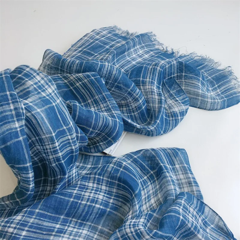 Spring/Summer Delicate And Pretty Blue Plaid Linen Scarf