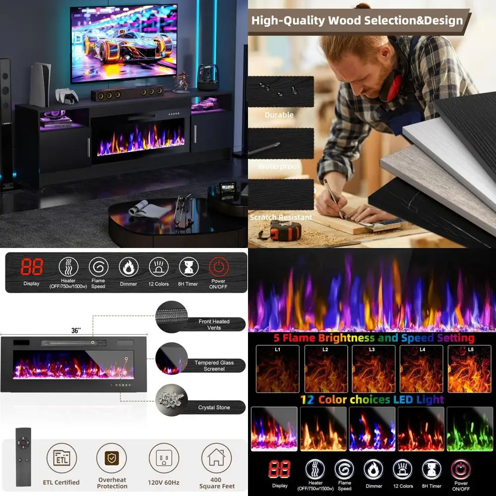 

70 TV Stand with 36 Electric Fireplace, LED Light Entertainment Center for TVs up to 80, Black Modern Wood