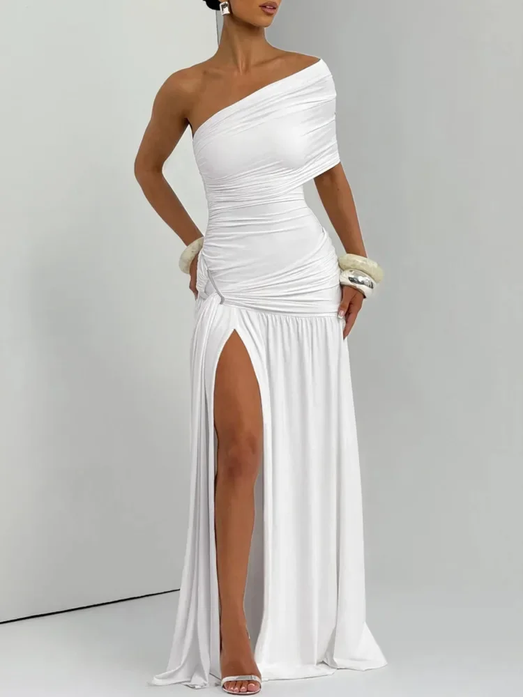 

Off-shoulder Backless Sexy Maix Dress Women Elegant One Sleeve Ruched Split Club Party Pleated Long Dress Female